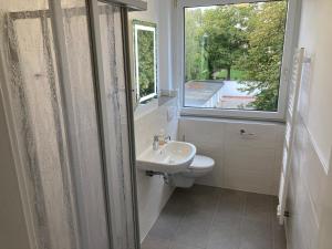 uma casa de banho com um WC, um lavatório e uma janela em Zimmervermietung38 - Mammut 1 em Salzgitter
