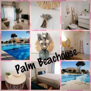 uma colagem de fotos de uma casa de banho e uma piscina em PalmBeach House - Qta Palmeiras em Porches
