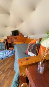 1 dormitorio con 1 cama y suelo de madera en Domo Cielos del Uritorco en Capilla del Monte