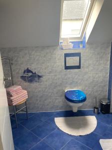 a bathroom with a blue toilet and a window at Ferienwohnung Lipp in Waldstetten