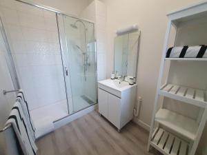 biała łazienka z prysznicem i umywalką w obiekcie Appartement au cœur du village d'Aufferville w mieście Aufferville