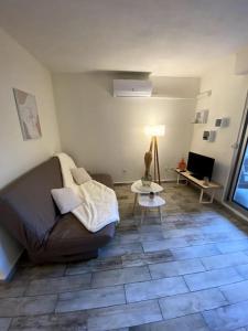 un soggiorno con divano e pavimento piastrellato di Studio cabine avec jardin a Canet-en-Roussillon