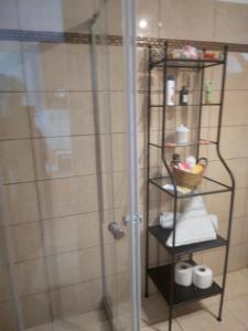 La salle de bains est pourvue d'une douche avec une porte en verre et une étagère. dans l'établissement Villa Gialos Rooms, à Kokkino Nero