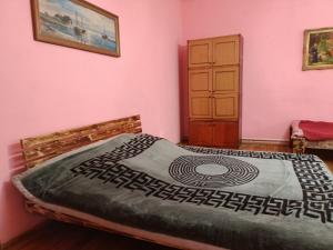 ウージュホロドにあるKrone Hostelのピンクの壁のベッドルーム1室(ベッド1台付)