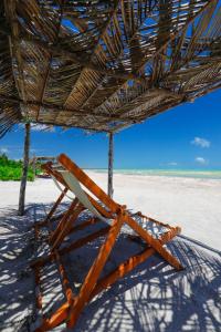 uma cadeira debaixo de um guarda-sol de palha na praia em Bahay Tatu em Porto de Pedras