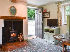 a living room with a fireplace and a television at Cerne Abbey Cottage in Cerne Abbas