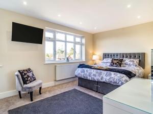 a bedroom with a bed and a tv and a chair at The Laurels in Clenchwarton
