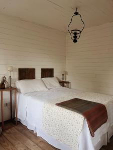 1 dormitorio con 1 cama blanca y 1 lámpara en Casita: “Granada” en San Antonio de Areco