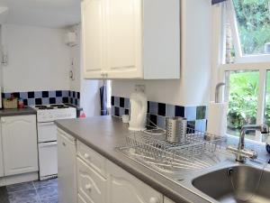 uma cozinha com um lavatório e um suporte para pratos no balcão em Drum And Monkey Cottage em Chapel en le Frith