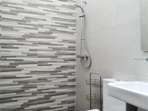 een badkamer met een douche, een toilet en een wastafel bij Maes Merlin in Llanddeusant