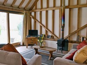 a living room with a wood stove in a room at The Old Packhouse in Steyning