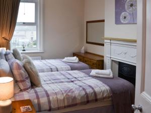 a bedroom with two beds and a fireplace at Robins Nest in Broomhill