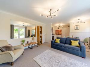a living room with a blue couch and chairs at Willow Retreat in Warkworth