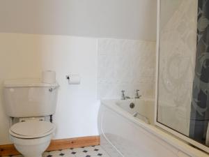 a white bathroom with a toilet and a shower at Sunset Song in Arbuthnott