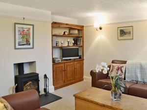 a living room with a couch and a fireplace at Penhill Farm Cottage in Fremington