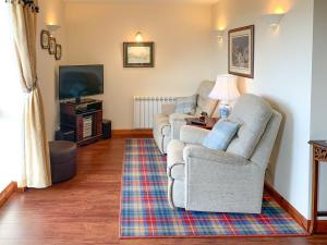 a living room with two chairs and a lamp on a rug at The Byre Cottage in Kirkcudbright