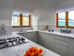 a kitchen with a stove and some oranges on a counter at Mallard in Wroxham
