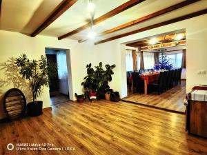 a living room with potted plants on a wooden floor at Vatra Strabunilor in Moigrad +85 photos