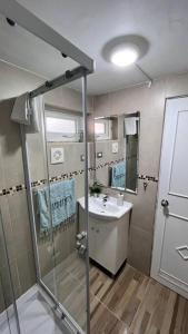 y baño con ducha y lavamanos. en Dúplex Los Mañios, en Coyhaique