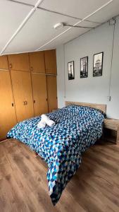 een slaapkamer met een bed met een blauwe en witte deken bij Dúplex Los Mañios in Coihaique