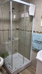 een douche met een glazen deur in de badkamer bij Dúplex Los Mañios in Coihaique