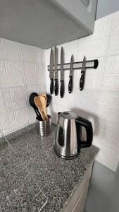 encimera de cocina con tetera y cuchillos en Dúplex Los Mañios, en Coyhaique
