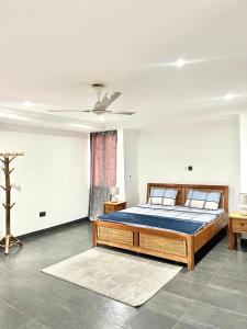 a bedroom with a bed and a ceiling fan at The Dzorwulu Castle - A Villa with private rooms in Accra