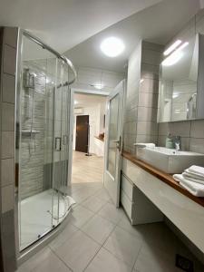 a bathroom with a glass shower and a sink at The City Loft in Ljubljana