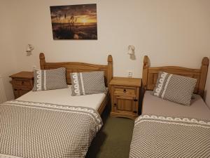 a room with two beds and a picture on the wall at Pension Ploc in Harrachov