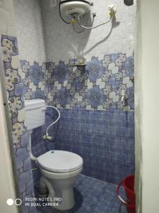a bathroom with a toilet and blue and white tiles at Nhyn home stay in Varanasi