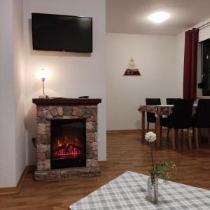 a living room with a fireplace with a tv on the wall at Am Wiesengrund in Lebus