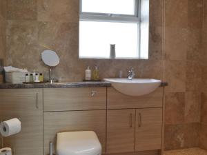 a bathroom with a sink and a toilet and a window at Miners Cottage in Clowne