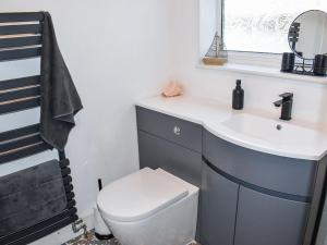 ein Badezimmer mit einem WC, einem Waschbecken und einem Spiegel in der Unterkunft Gull House in Dungeness