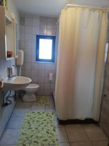 W łazience znajduje się prysznic, umywalka i toaleta. w obiekcie Kupres Desktop - mountain house w mieście Kupres