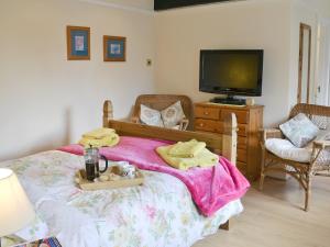 a bedroom with a bed with a tv on it at Glendale Mews in Haltwhistle