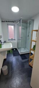 uma casa de banho com um chuveiro e um lavatório. em KiRoom Willsbach em Obersulm