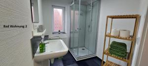a bathroom with a sink and a shower at KiRoom Willsbach in Obersulm
