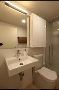 La salle de bains est pourvue d'un lavabo blanc et de toilettes. dans l'établissement Rua das Flores Neighborhood, à Porto