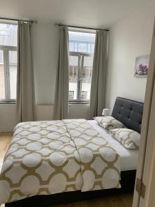 a bedroom with a large bed and two windows at Modern Apartment Third Floor in Brussels