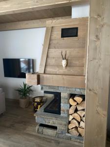 a fireplace in a living room with a wooden ceiling at Kotlina 11 in Murzasichle