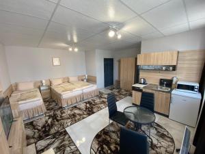 a large room with two beds and a kitchen at Apartments EMIZA in Samokov
