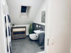 een kleine badkamer met een wastafel en een toilet bij Apartment am Hohlbach in Gruibingen in Gruibingen
