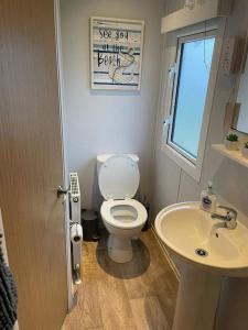 a bathroom with a toilet and a sink at Lexi Lodge @ Littlesea Holiday Park, Weymouth in Wyke Regis
