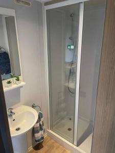 een badkamer met een douche en een wastafel bij Lexi Lodge @ Littlesea Holiday Park, Weymouth in Wyke Regis