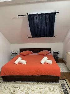 a bedroom with a red bed with two pillows at Apartament la casa in Timişoara