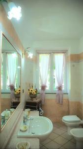 ein Badezimmer mit einem Waschbecken, einem WC und einem Spiegel in der Unterkunft VILLINO BRUNETTO azienda agrituristica in Camogli