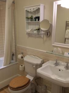 a bathroom with a toilet and a sink and a mirror at Trearddur Bay Hotel in Trearddur