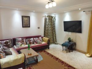 uma sala de estar com um sofá e uma televisão em شقة النجم ترى دائرى المعادى مباشرة no Cairo