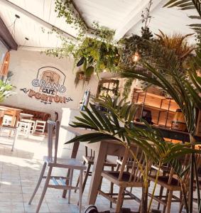 a restaurant with chairs and a table and plants at HOSTEL PORTON in Lugo