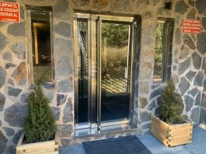 two potted trees sitting next to a glass door at Maribel Arttyco in Sierra Nevada